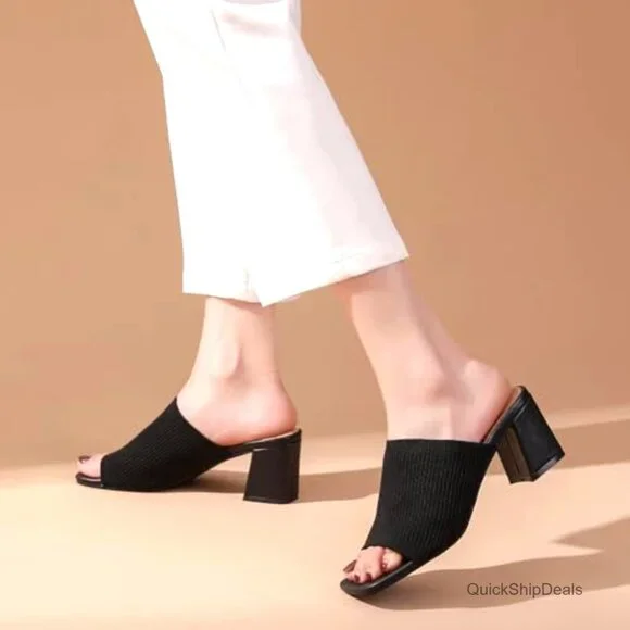 Knit Heeled Sandals, Square Toe Mules with Chunky Block Heel